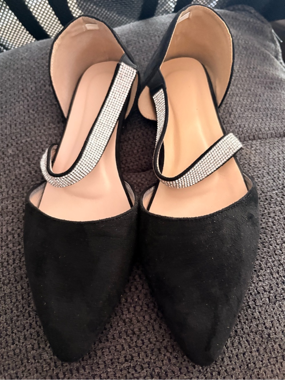 Black Women's Pointed D'Orsay Flats with Rhinestone Ankle Strap
